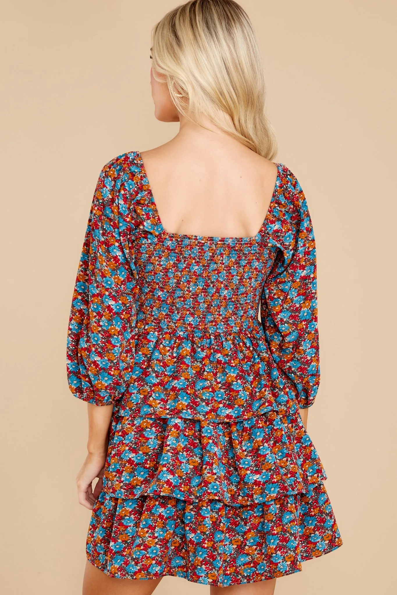 A Flirty Rendezvous Orange And Blue Floral Print Dress