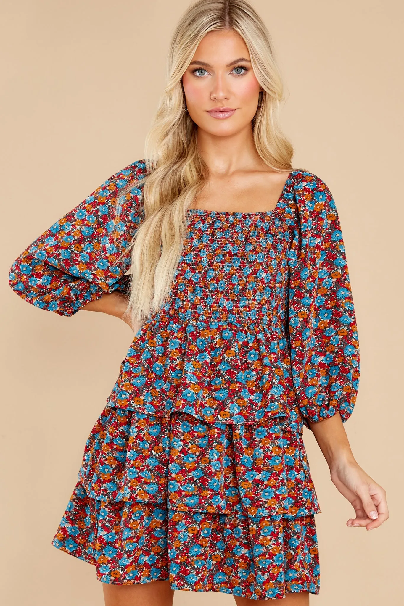 A Flirty Rendezvous Orange And Blue Floral Print Dress