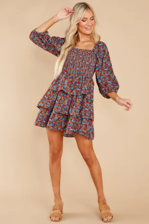 A Flirty Rendezvous Orange And Blue Floral Print Dress