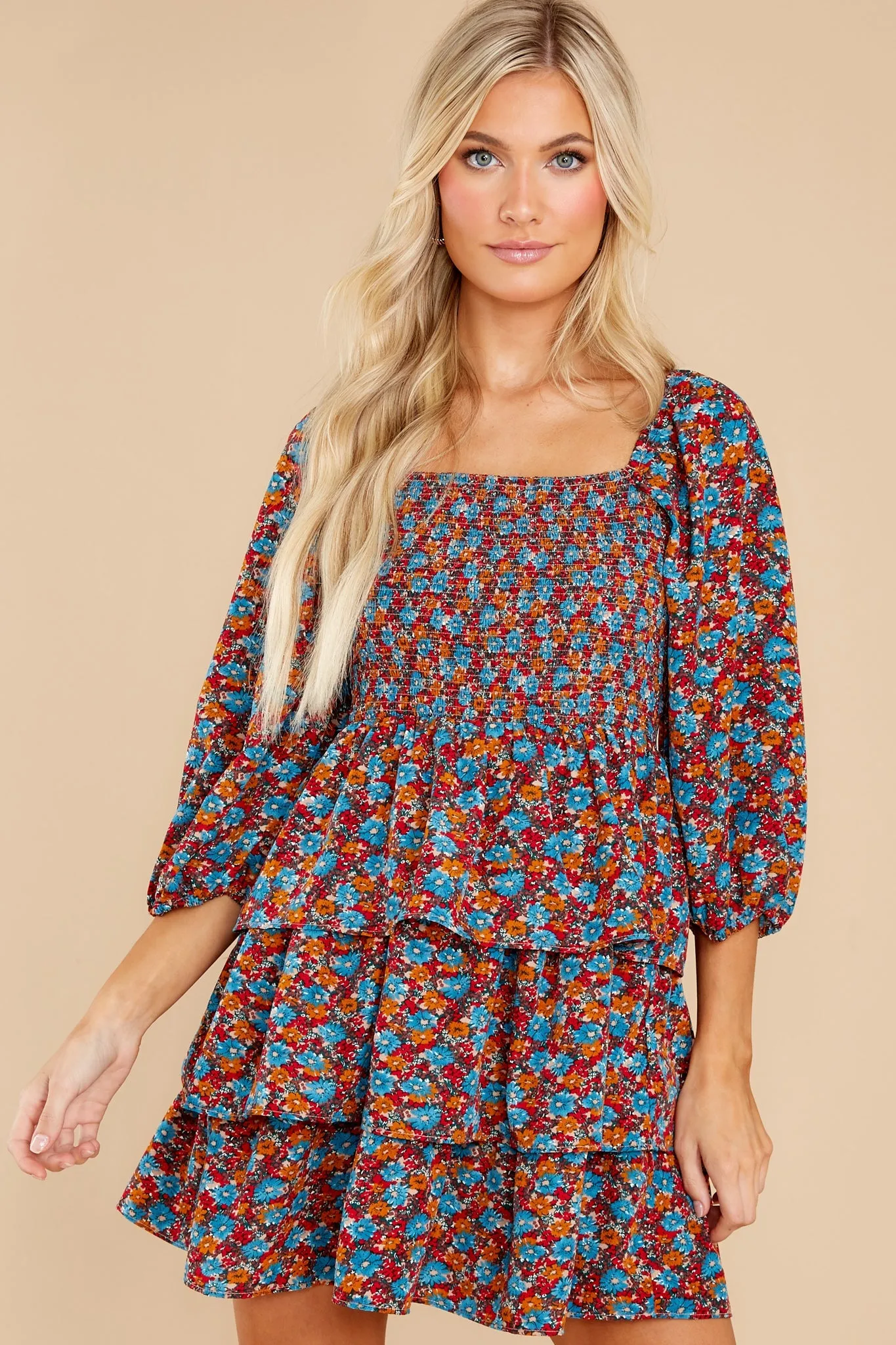 A Flirty Rendezvous Orange And Blue Floral Print Dress