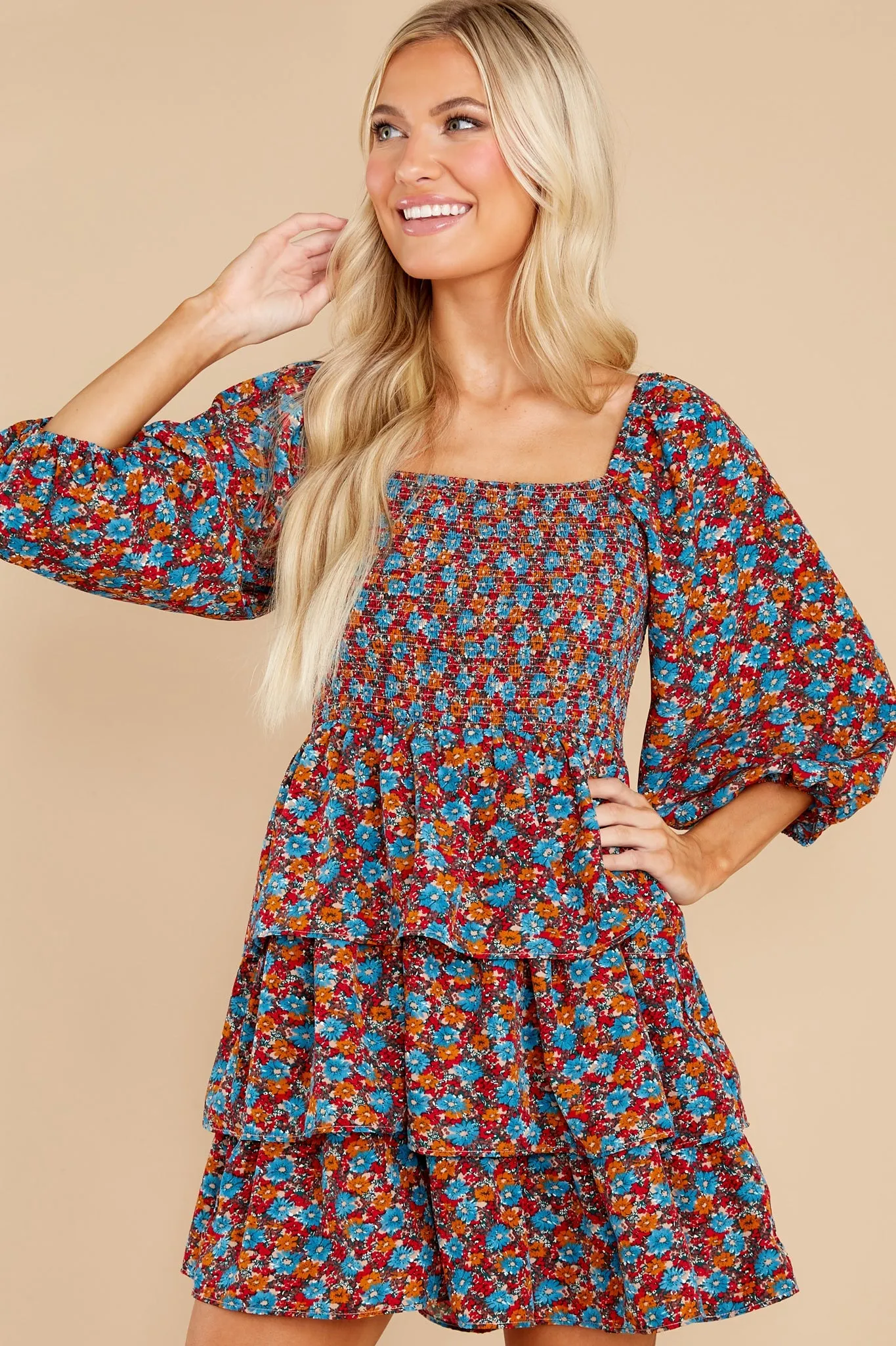 A Flirty Rendezvous Orange And Blue Floral Print Dress