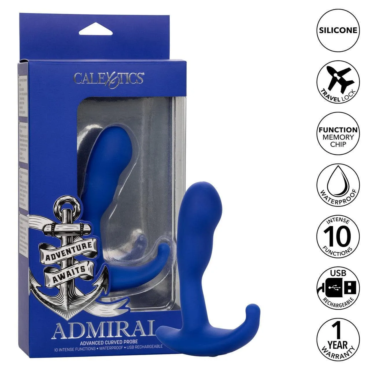 Admiral Advanced Silicone Curved 10 Function Dual Motor Prostate Probe Blue