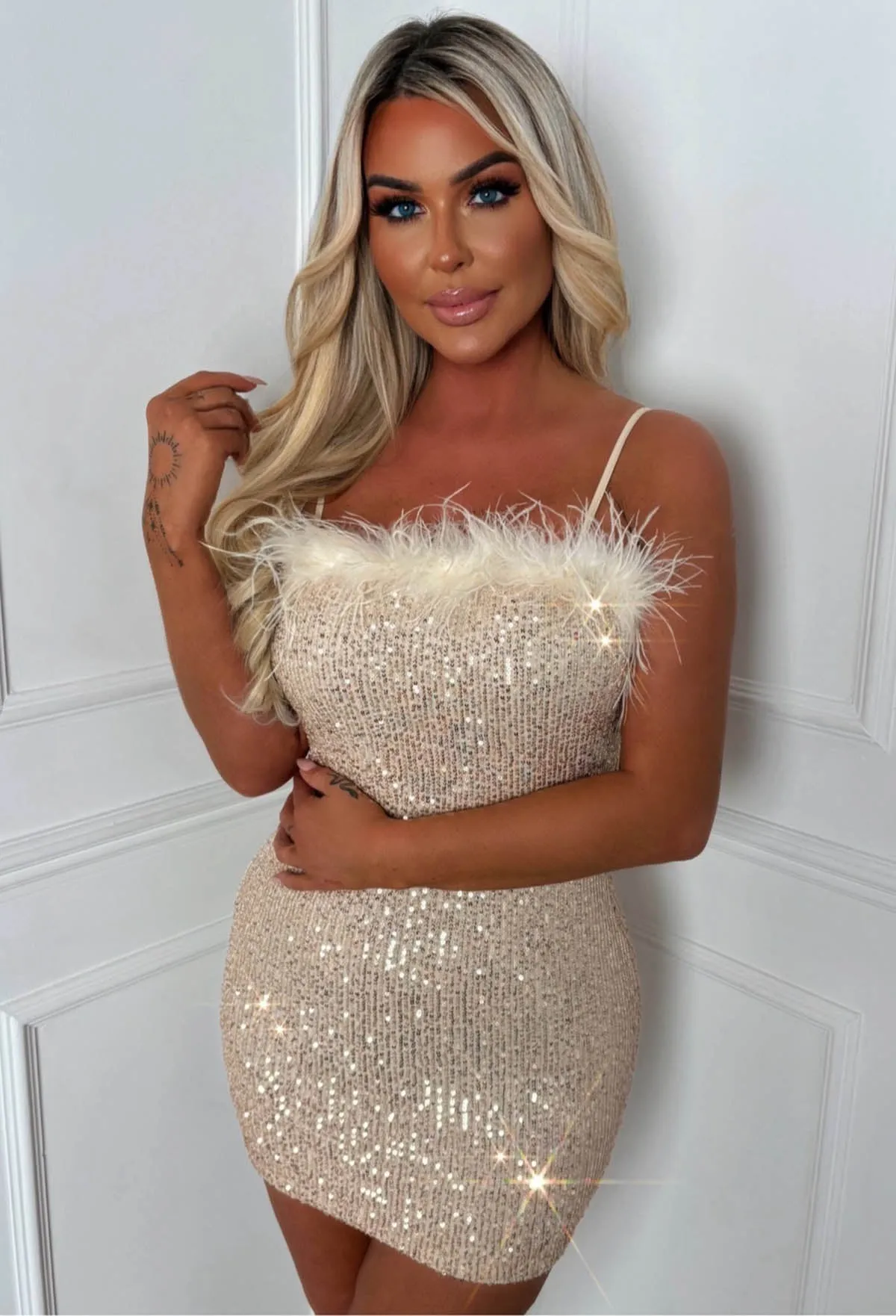 Amazing Daze Gold Feather Top Sequin Bandeau Dress