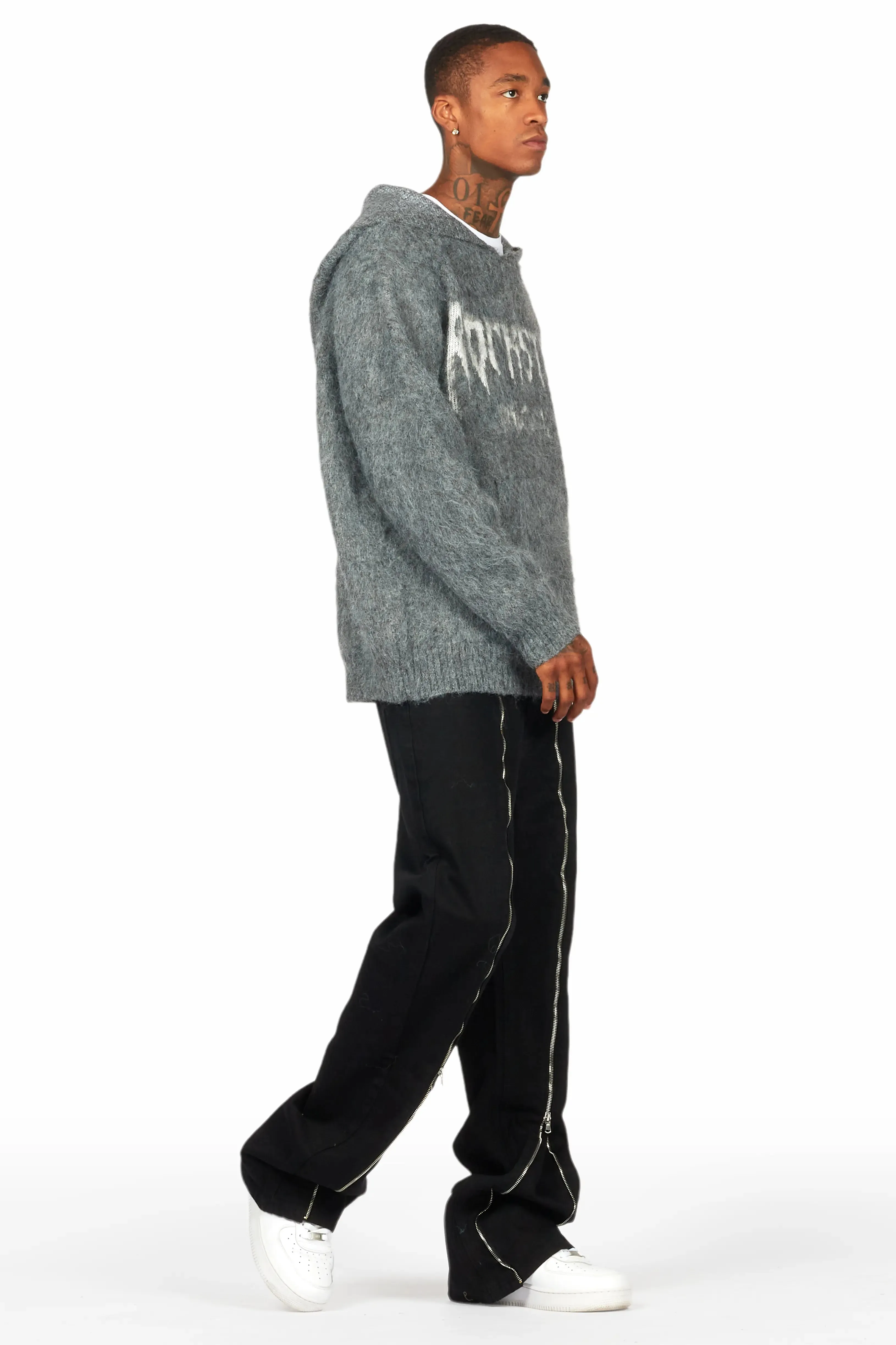 Andros Grey Graphic Knitted Mohair Hoodie