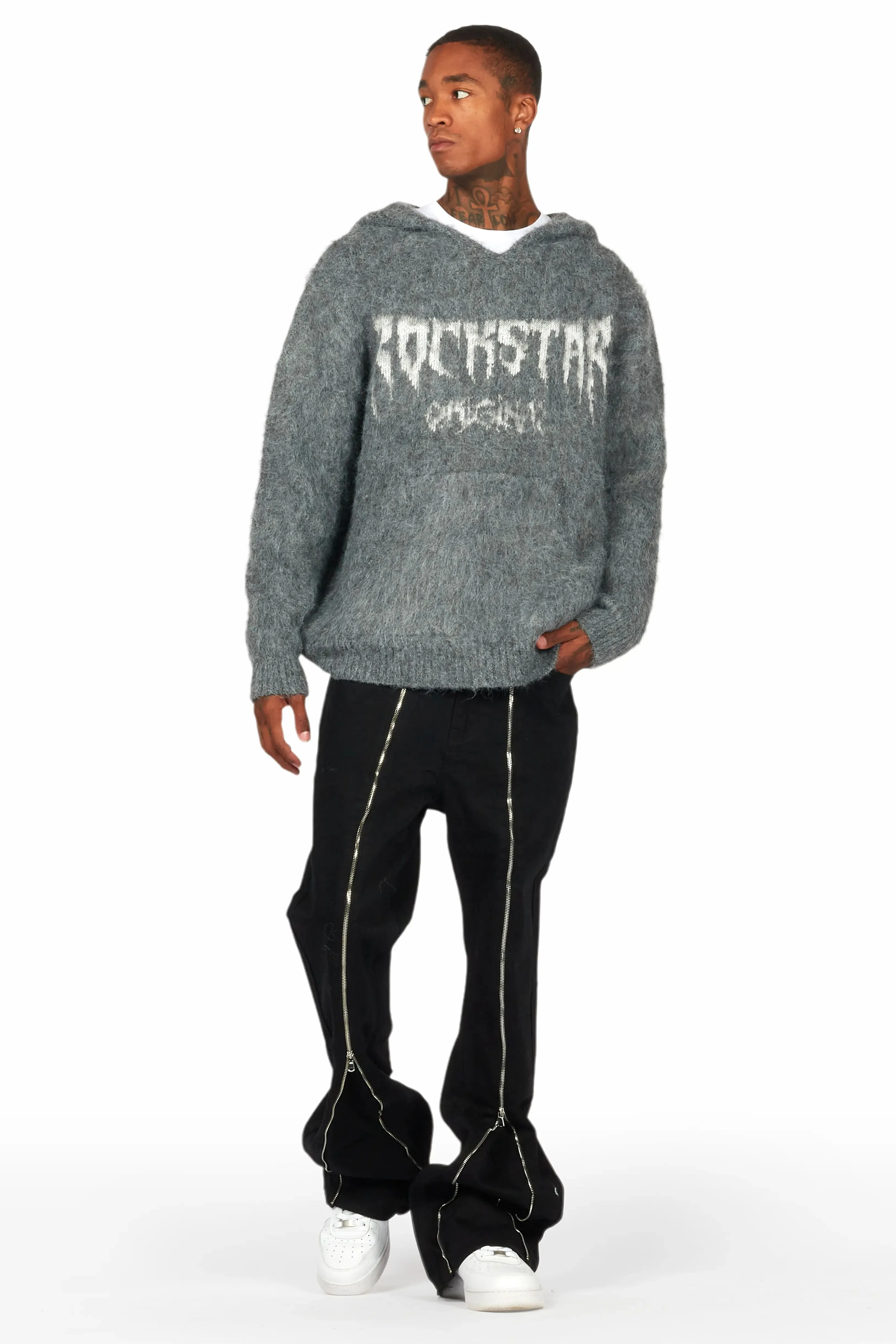 Andros Grey Graphic Knitted Mohair Hoodie