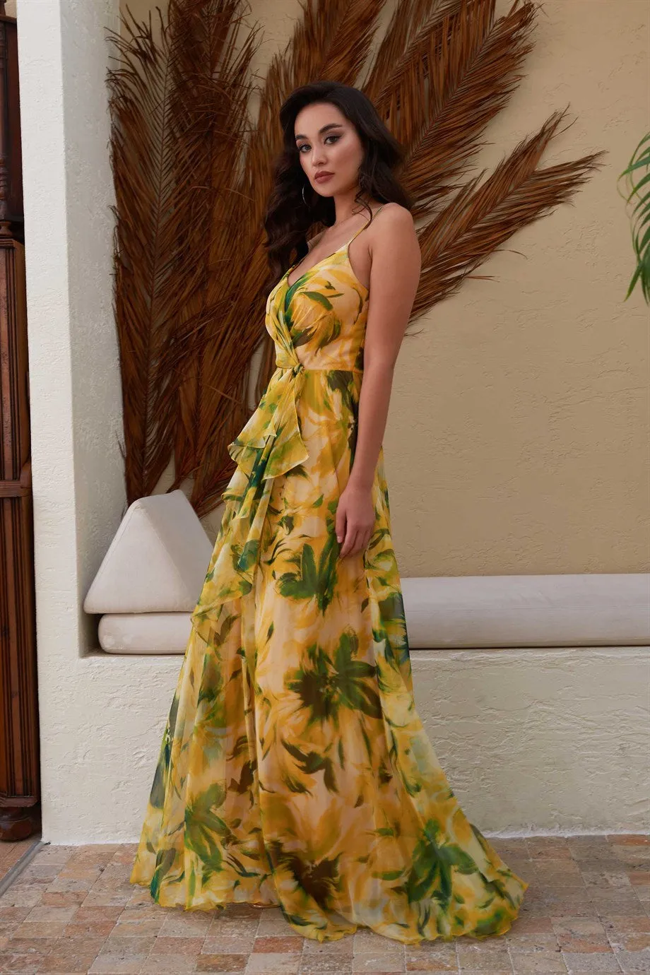 Angelino Yellow impulse slit strap long evening dress dress