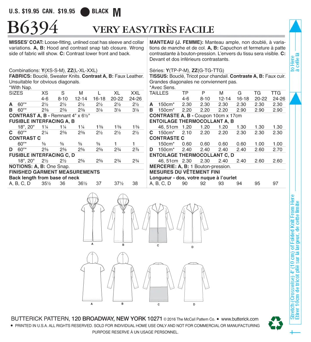 B6394 Misses' Shawl Collar Coats