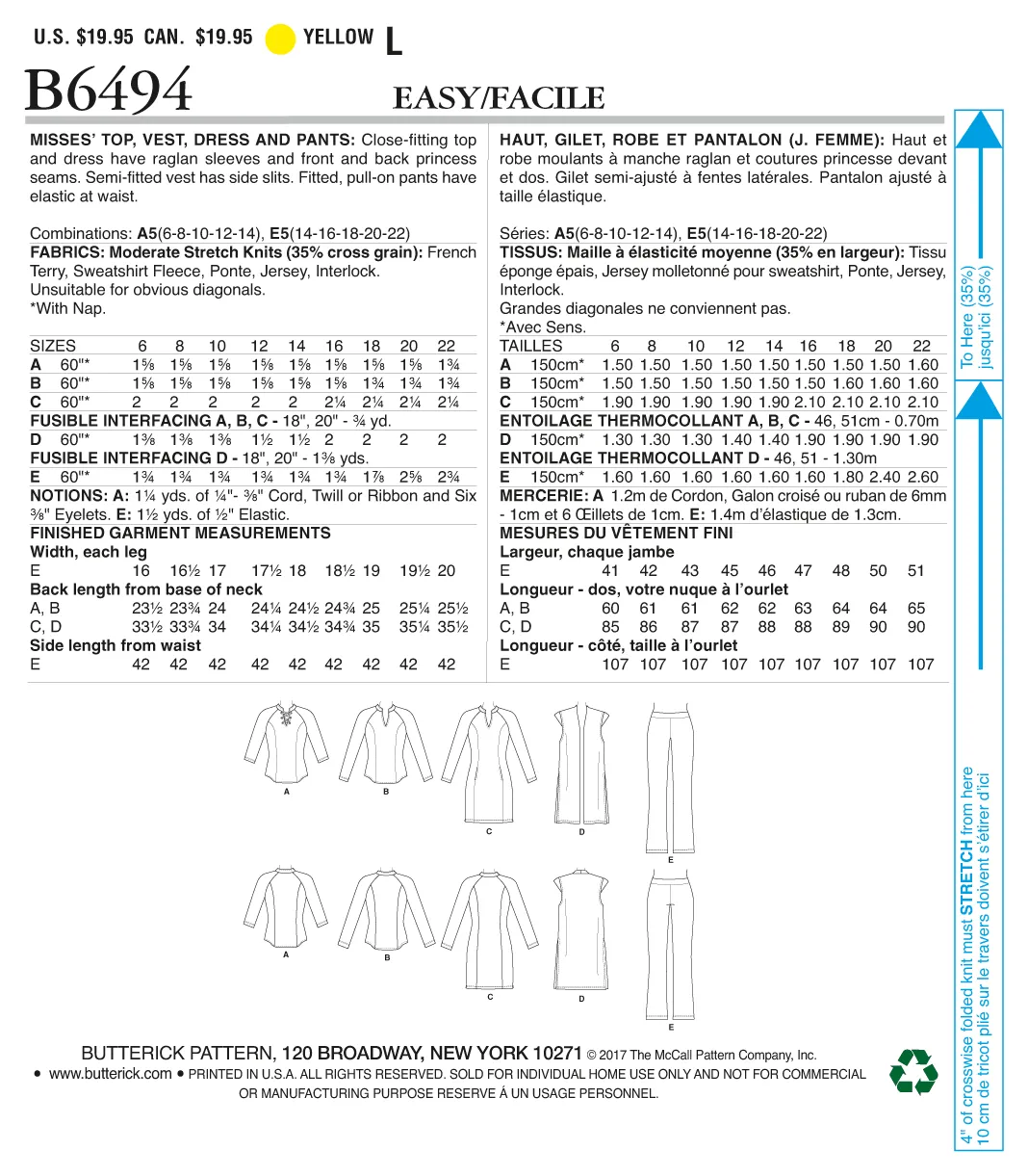 B6494 Misses' Knit Raglan Sleeve Tops and Dress, Vest, and Pull-On Pants