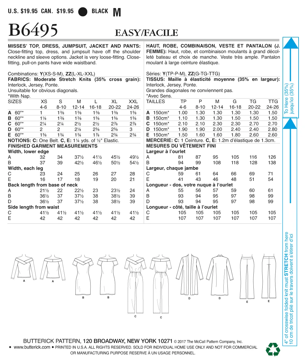 B6495 Misses' Knit Off-the-Shoulder Top, Dress and Jumpsuit, Loose Jacket, and Pull-On Pants