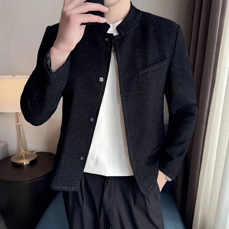 Bonsir New Chinese Style Stand-up Collar Short Jacket Spring Autumn Men's Color Blocked Fashion Slim Fit Casual Jacket Coats 4XL-M