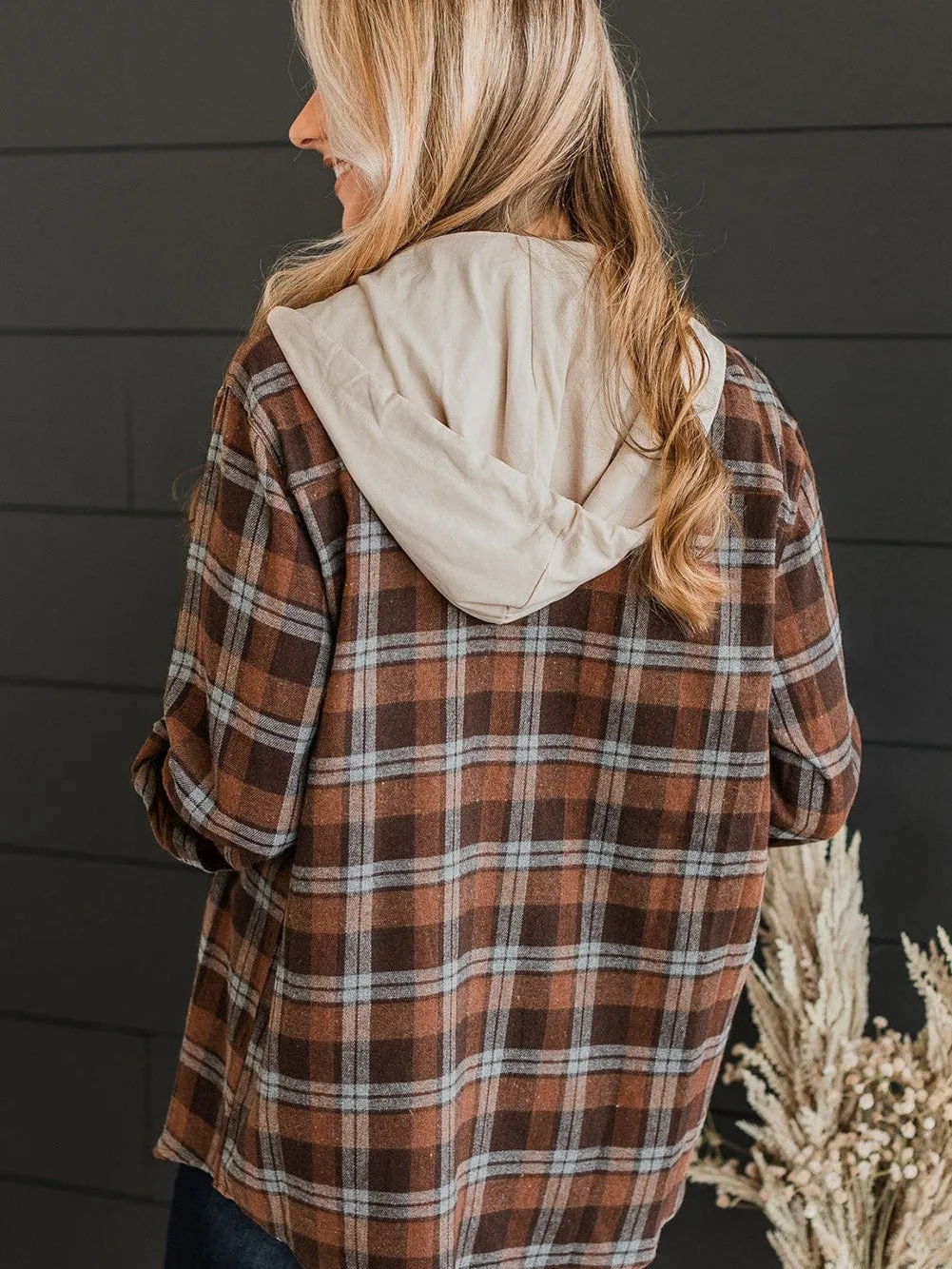 Brown Plus Size Plaid Contrast Button up Hooded Jacket