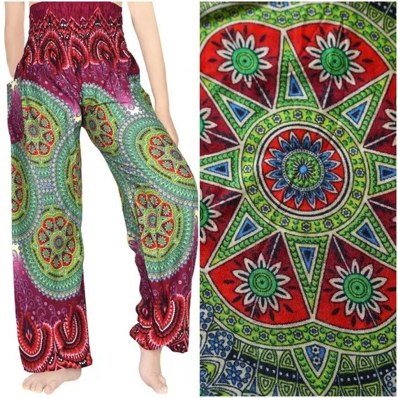 Burgundy GEOMETRIC Women Boho Pants Hippie Pants Yoga Pants