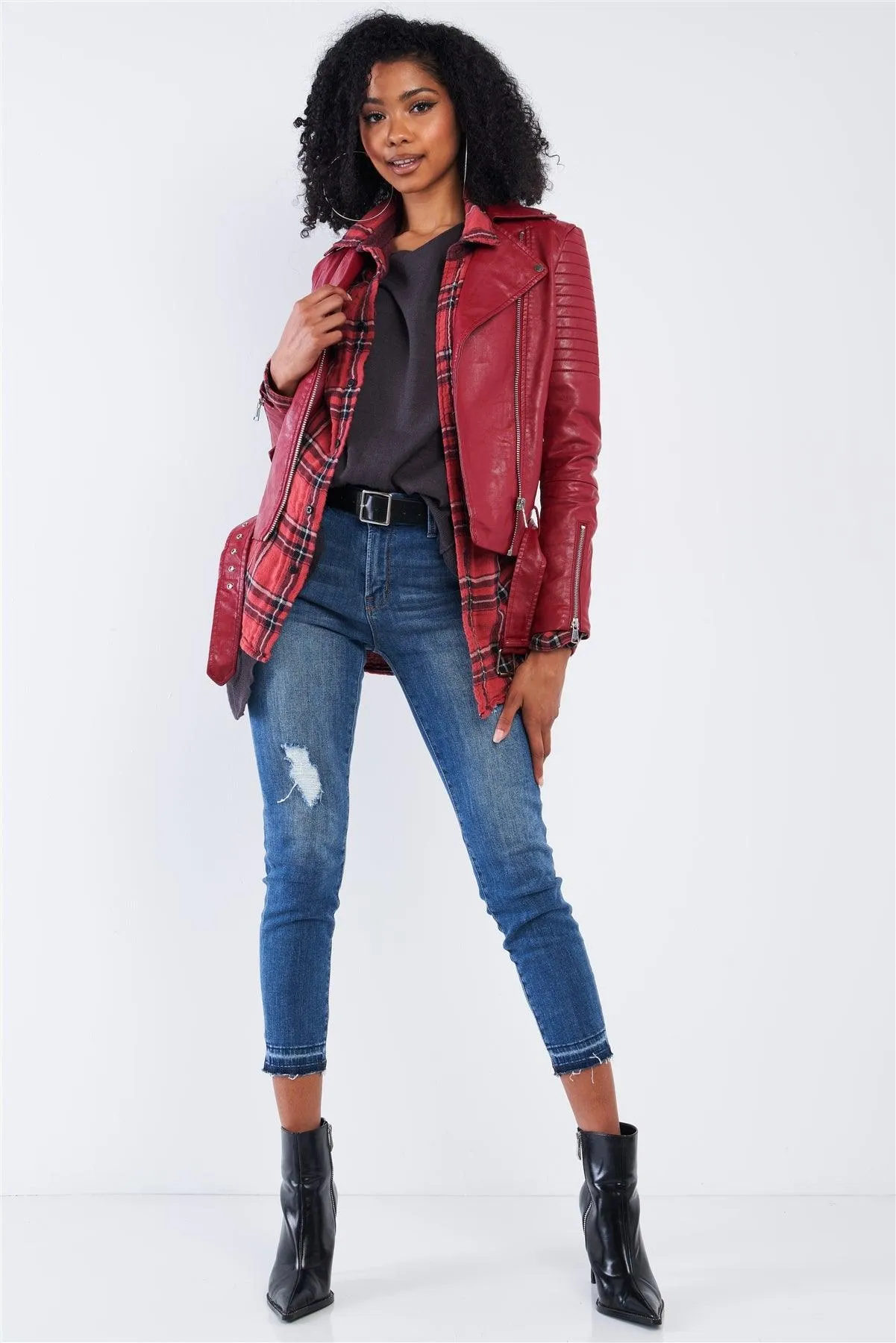 Burgundy Vegan Leather Oblique Zipper Ribbed Shoulder Belted Cropped Moto Jacket /2-2-2