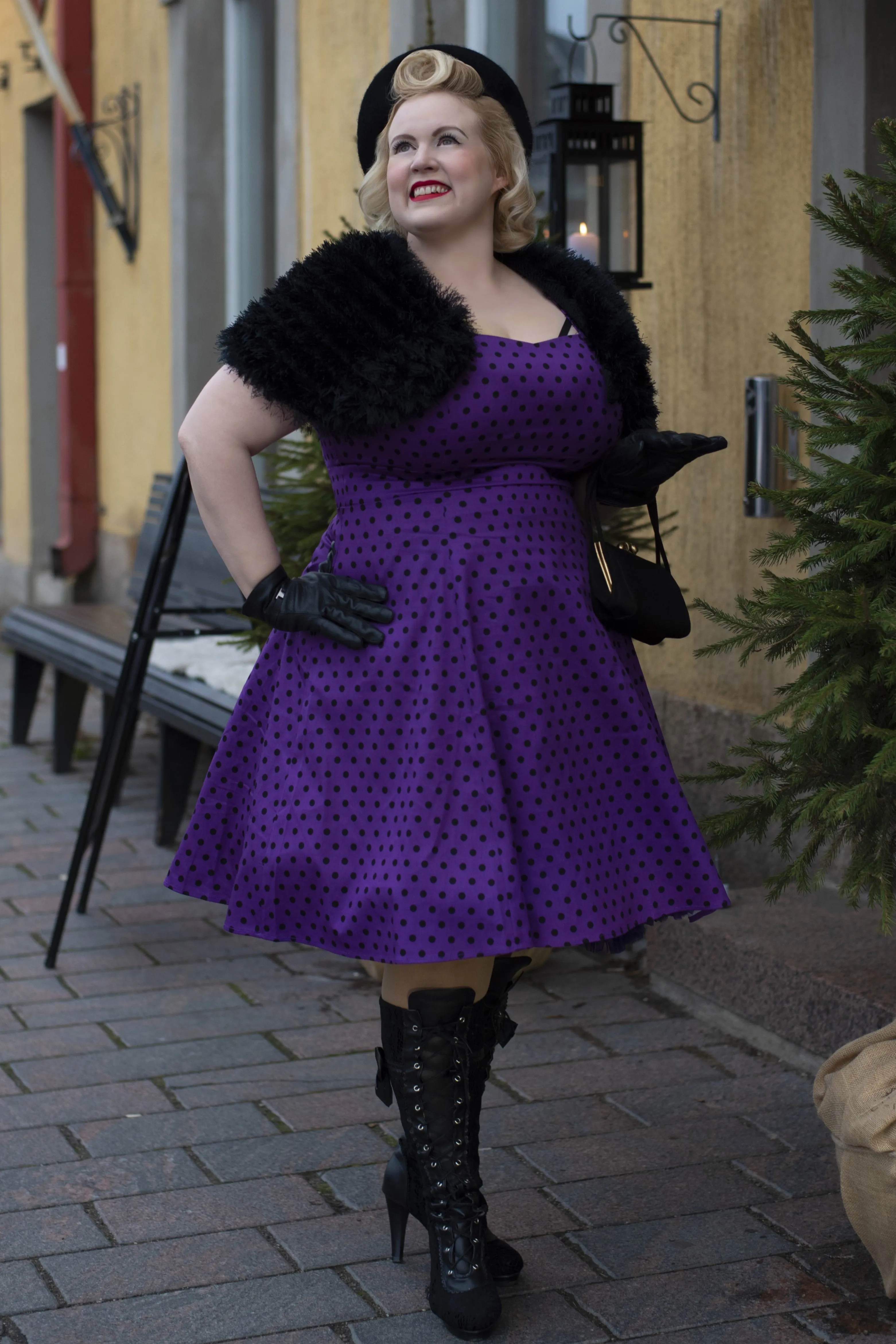 Claudia Flirty Fifties Polka Dot Dress in Purple-Black