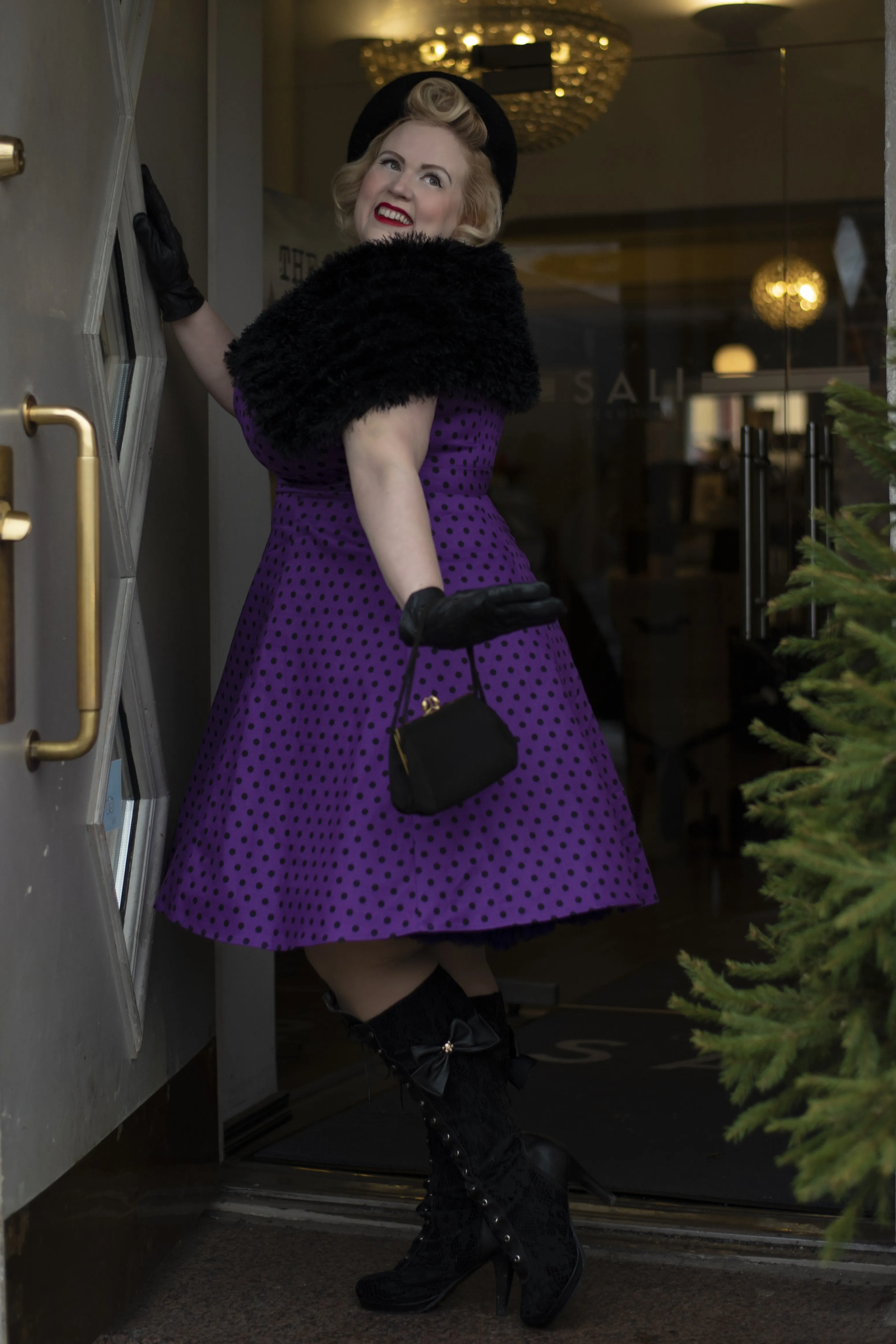 Claudia Flirty Fifties Polka Dot Dress in Purple-Black