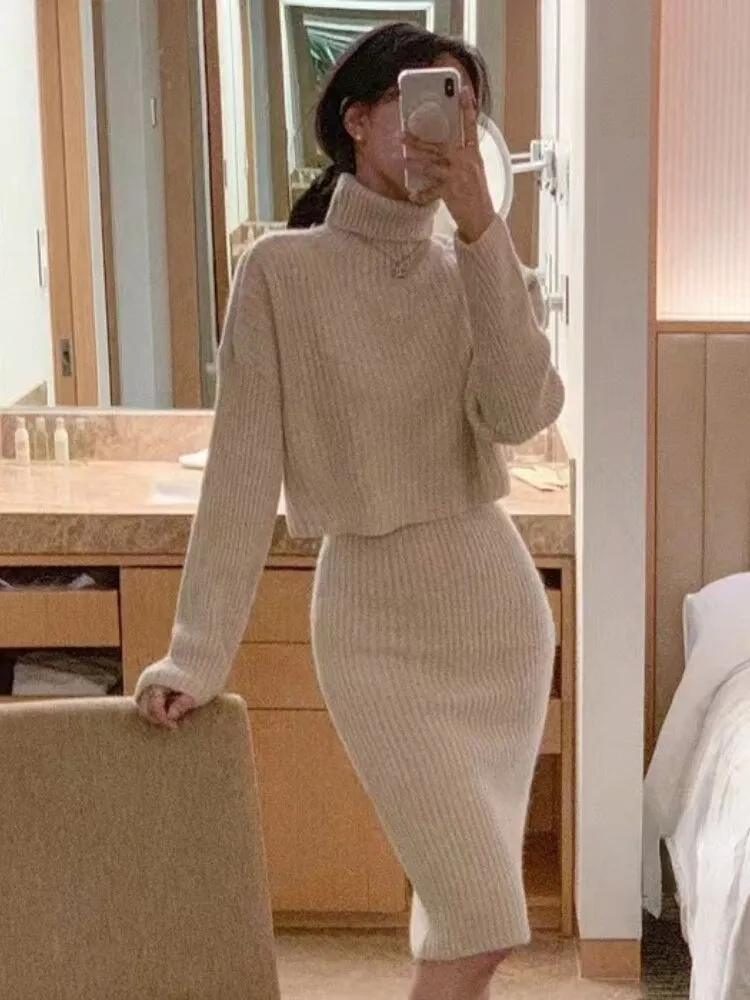 Dresses for Women 2022 Knitted Dress Autumn Winter New Wool Dress Set Skirt Two Piece Sets Womens Outifits Long Sleeve Sweaters