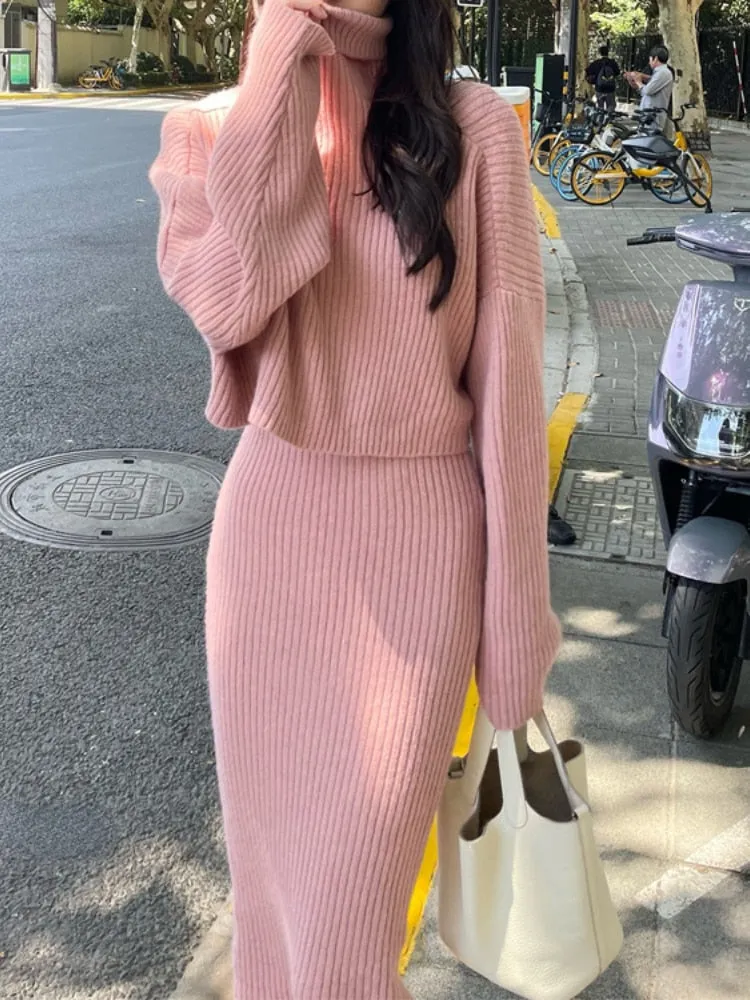 Dresses for Women 2022 Knitted Dress Autumn Winter New Wool Dress Set Skirt Two Piece Sets Womens Outifits Long Sleeve Sweaters