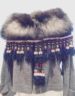 Fur Collar w/Tassels in Silver Fox