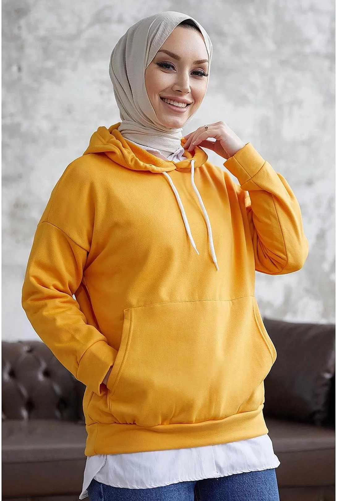 Hooded Sweatshirt with Thread - Mustard Yellow