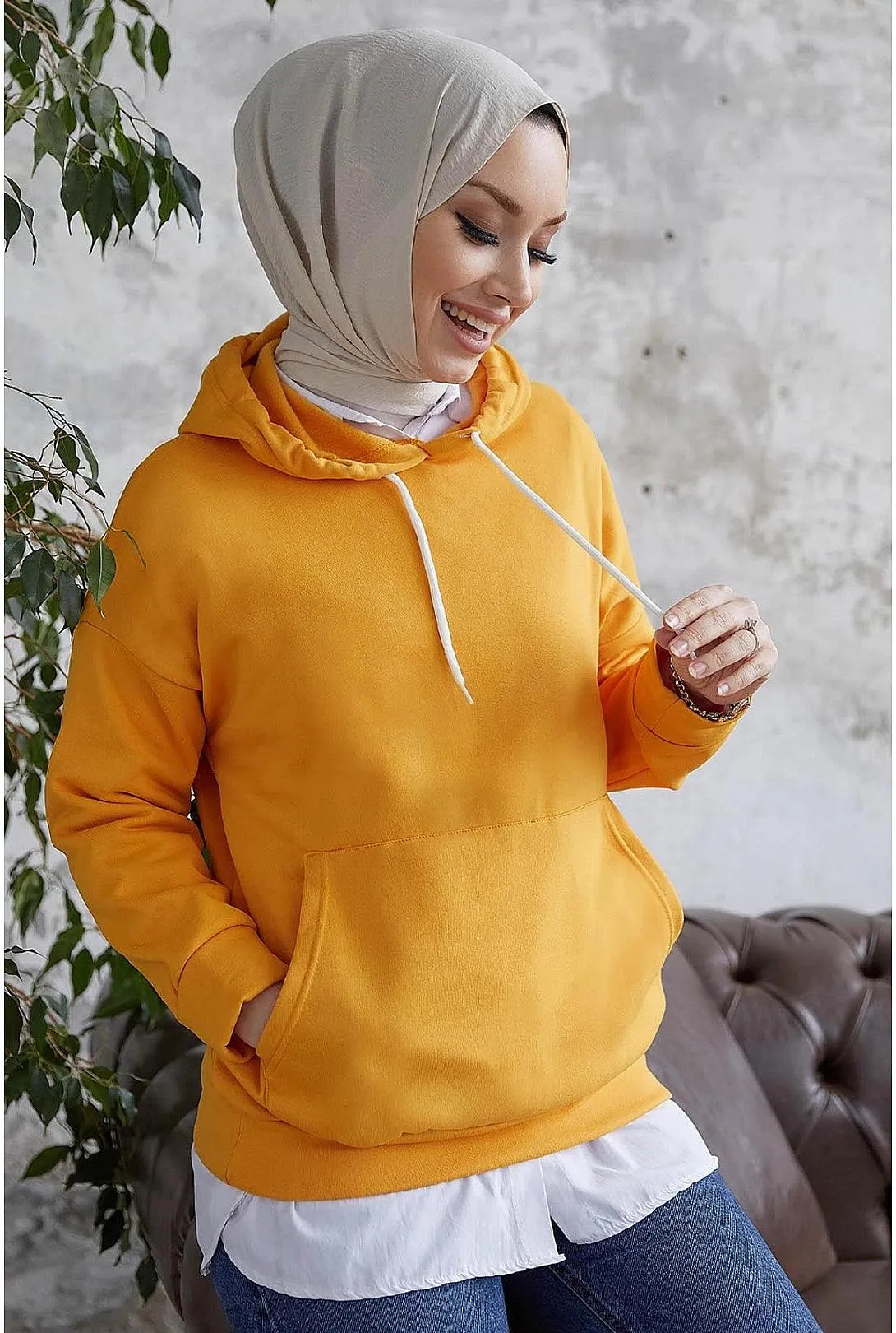 Hooded Sweatshirt with Thread - Mustard Yellow