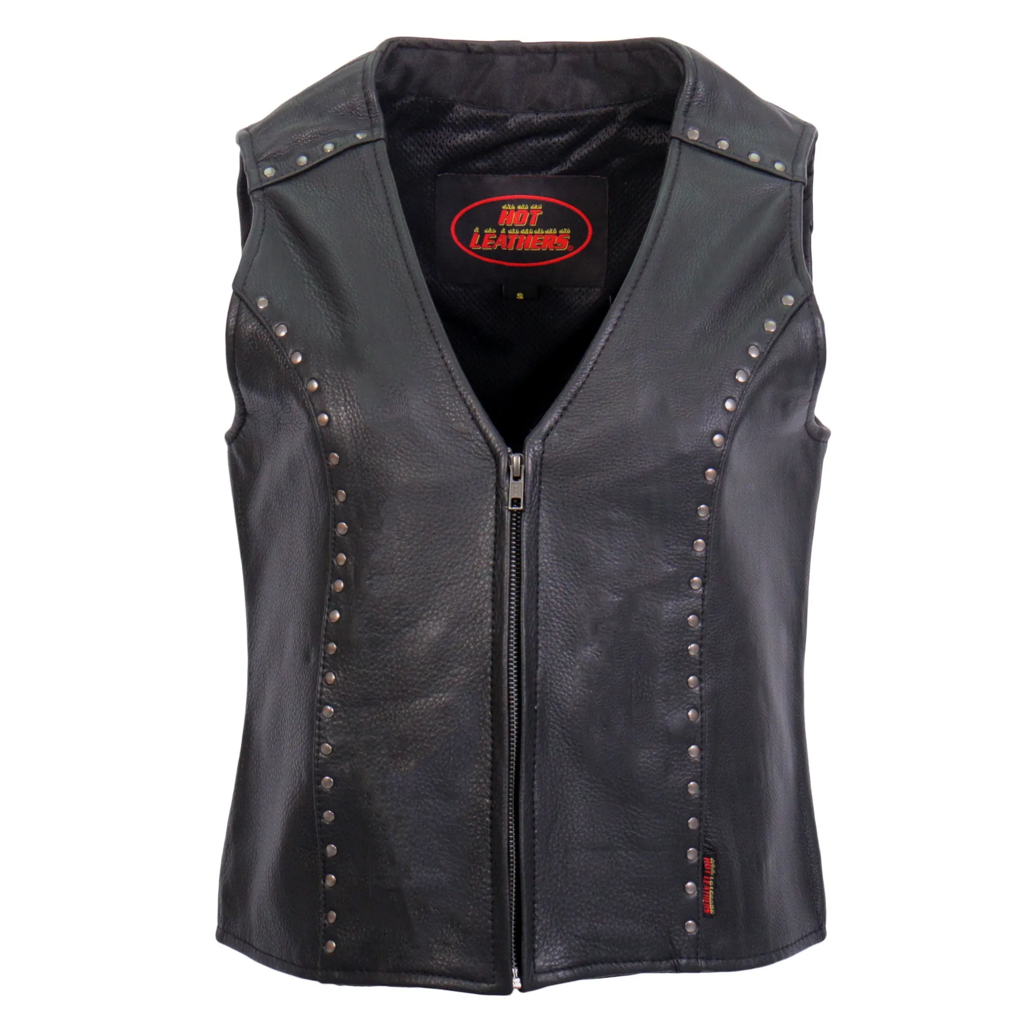 Hot Leathers VSL1015 Ladies Studded Black Motorcycle style Leather Biker Vest with V-Neck Design