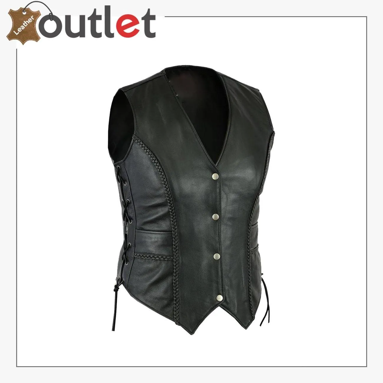 Ladies real leather laced up Motorcycle Style Biker Waistcoat Women's Gillette vest