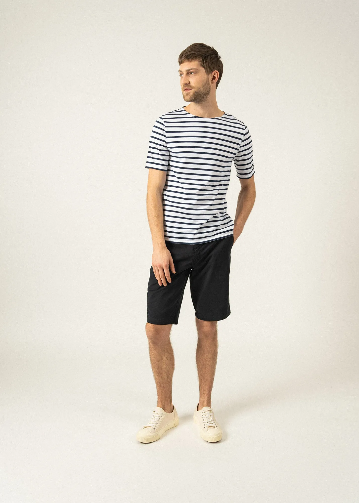 LEVANT MODERN - Breton Stripe Short Sleeve Shirt | Soft Cotton | Unisex Fit (WHITE / NAVY)