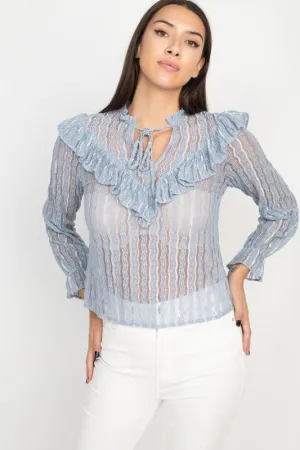 Light Blue Lace Ruffle Blouse