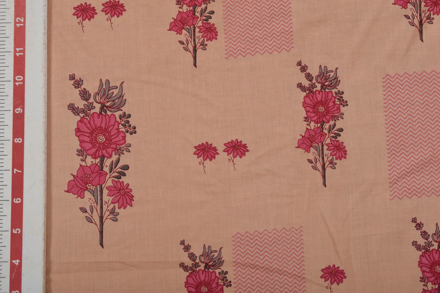 Light Peach Floral Printed Cotton Cambric Fabric