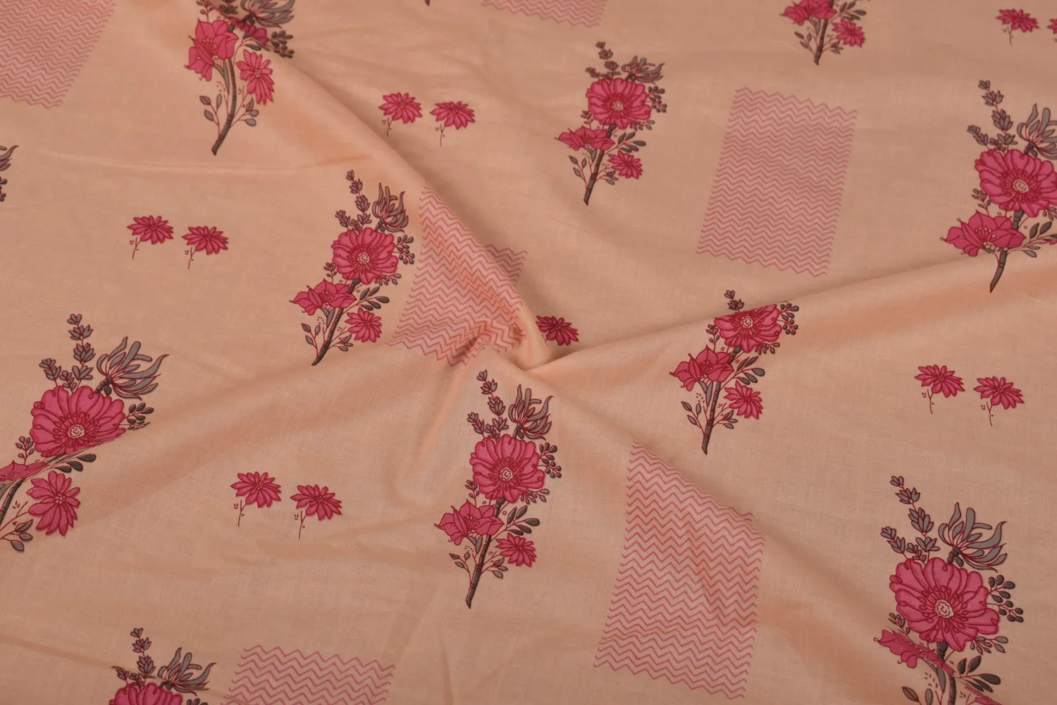 Light Peach Floral Printed Cotton Cambric Fabric