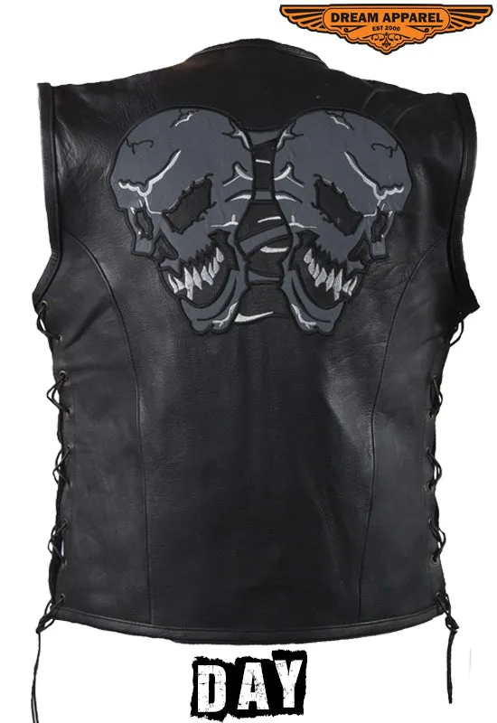 Mens Leather Vest With Skulls On Front & Back