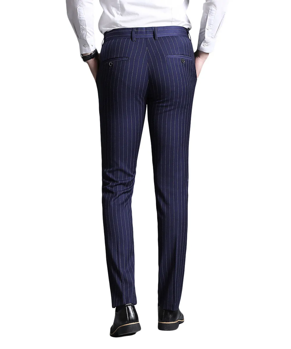 Men's Stripe Casual Slim Fit Pants Dress Pants Blue