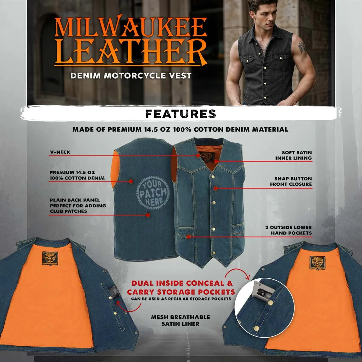 Milwaukee Leather DM1310 Men's Classic Blue Denim Western Style Cowboy Biker Vest w/ Snap Button Closure