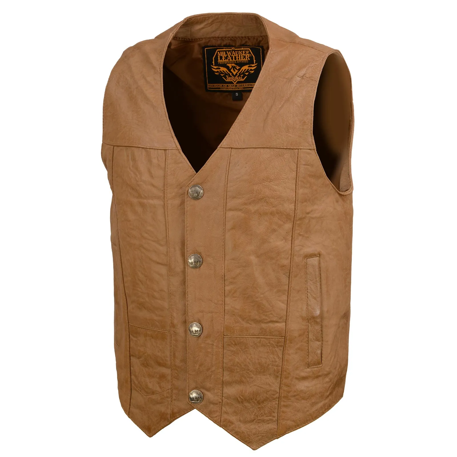 Milwaukee Leather LKM3702 Men's Saddle Leather Classic V-Neck Western Style Motorcycle Rider Vest w/ Buffalo Snaps