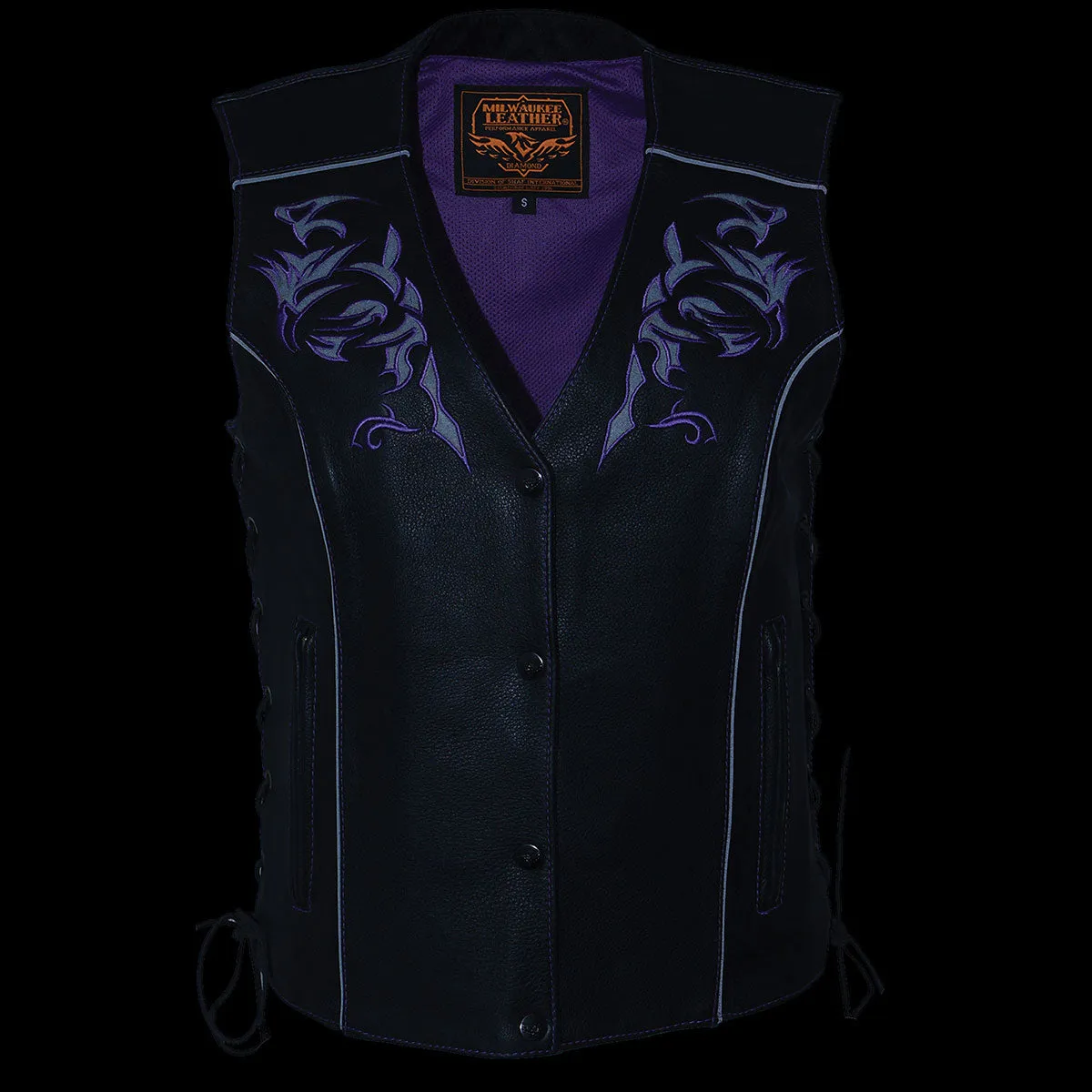 Milwaukee Leather ML1296 Women's Black Leather Side Lace Motorcycle Rider Vest- Reflective Piping and Purple Skulls