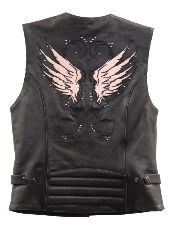 Milwaukee Leather XS1293 Ladies ‘Winged’ Black and Pink Studded Leather Vest