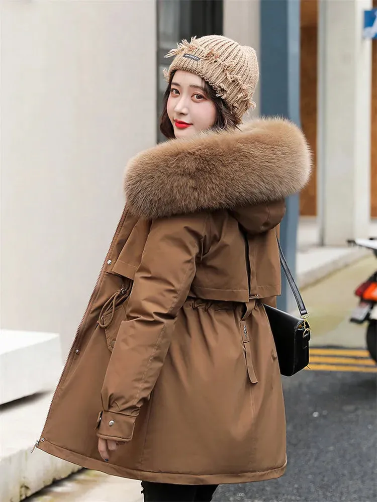 Nukty Winter Coat Low Price On Sale Women Beige Add Wool Thick Warmth Fur Hooded Parkas Jacket New Fashion Belt Slim Cotton Coat