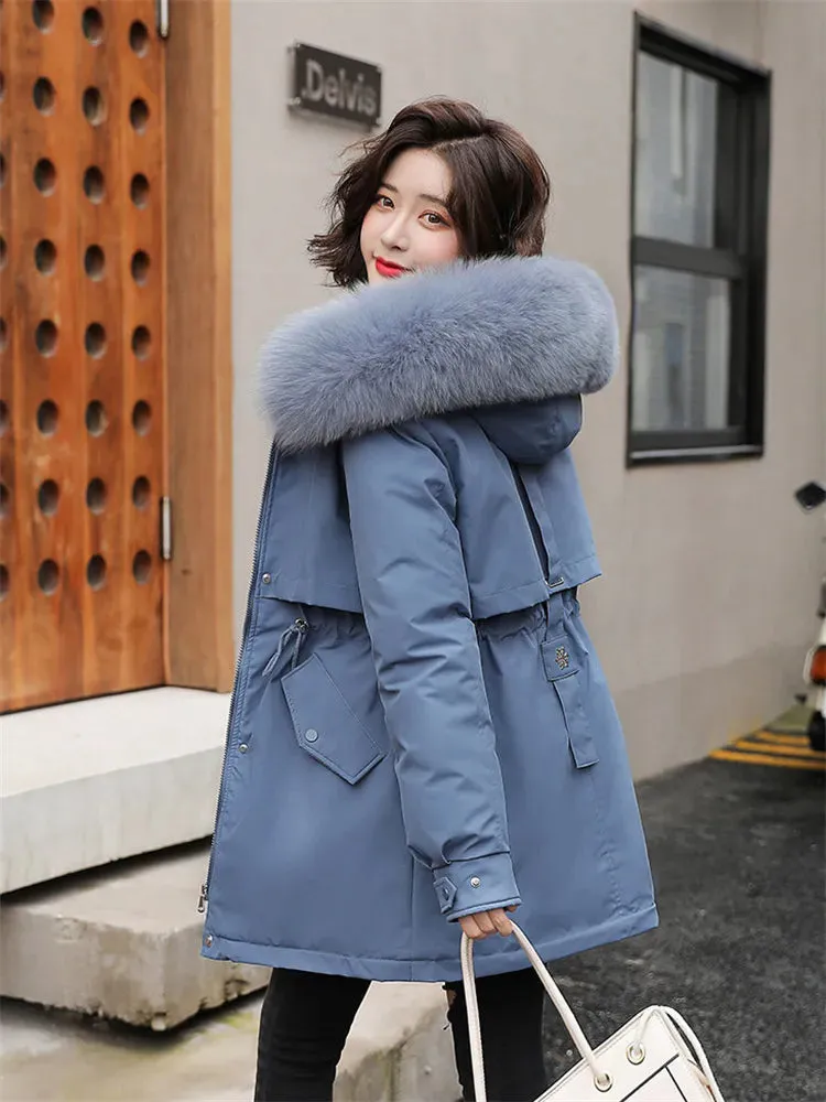 Nukty Winter Coat Low Price On Sale Women Beige Add Wool Thick Warmth Fur Hooded Parkas Jacket New Fashion Belt Slim Cotton Coat