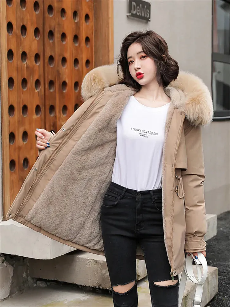 Nukty Winter Coat Low Price On Sale Women Beige Add Wool Thick Warmth Fur Hooded Parkas Jacket New Fashion Belt Slim Cotton Coat