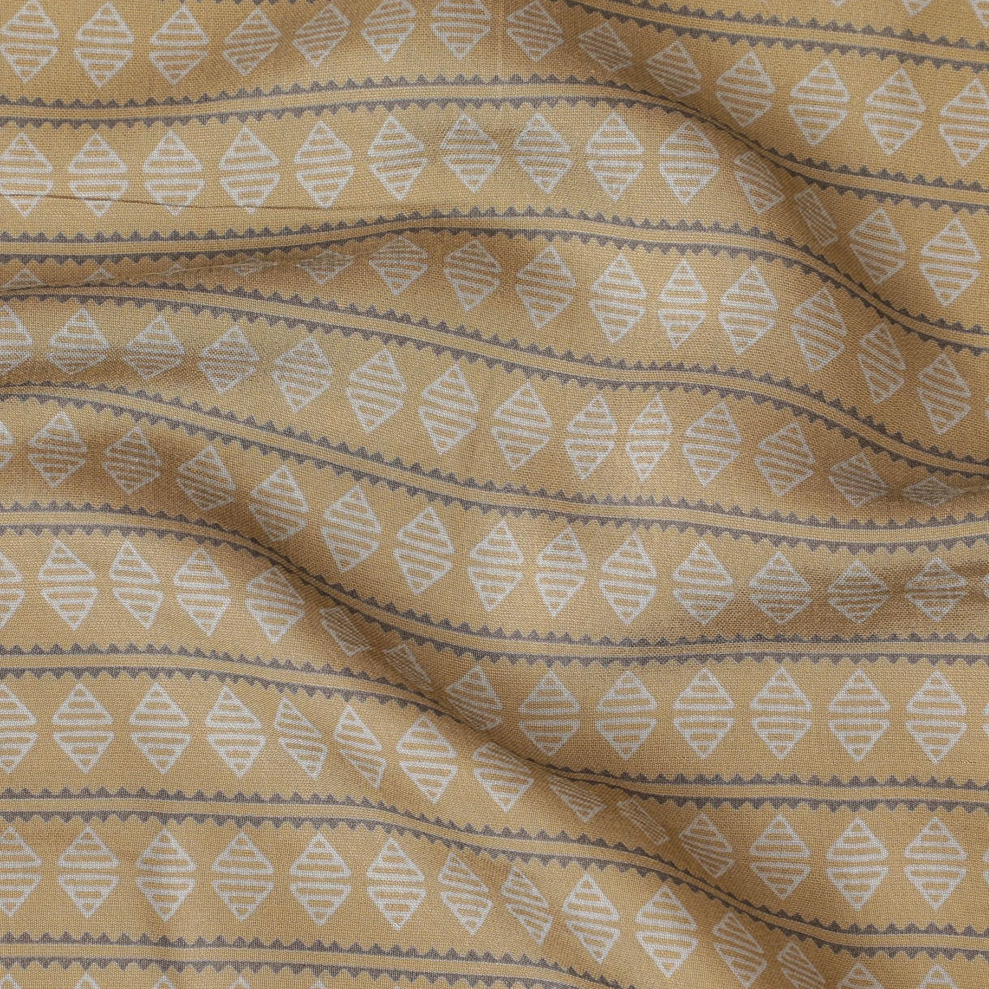 Olive green Synthetic blended cotton fabric with beige and black print in geometric design-D16735