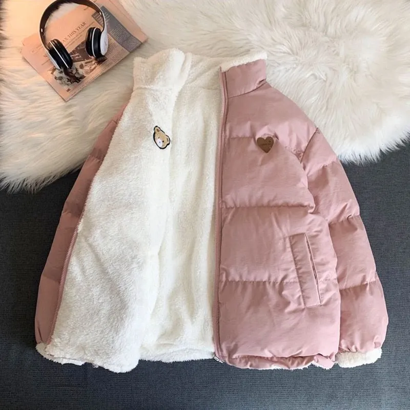 Purpdrank - Cute Embroidery Parkas Coat Women Winter Korean Fashion Thick Loose Warm Jacket Double Sided Design Pink Student Clothes