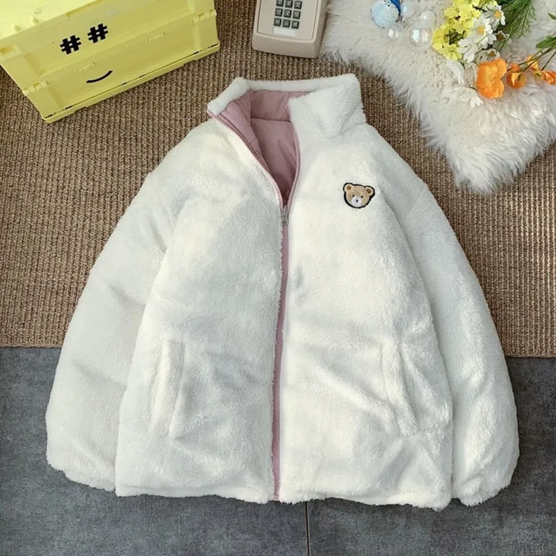 Purpdrank - Cute Embroidery Parkas Coat Women Winter Korean Fashion Thick Loose Warm Jacket Double Sided Design Pink Student Clothes