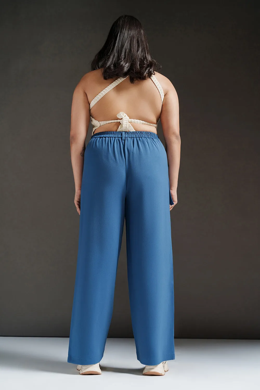 Radiant Blue Curve Strap Detailed Korean Pants