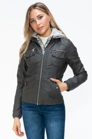 Removable Faux Layered Multi-Pocket Jacket with Fuzzy Hood