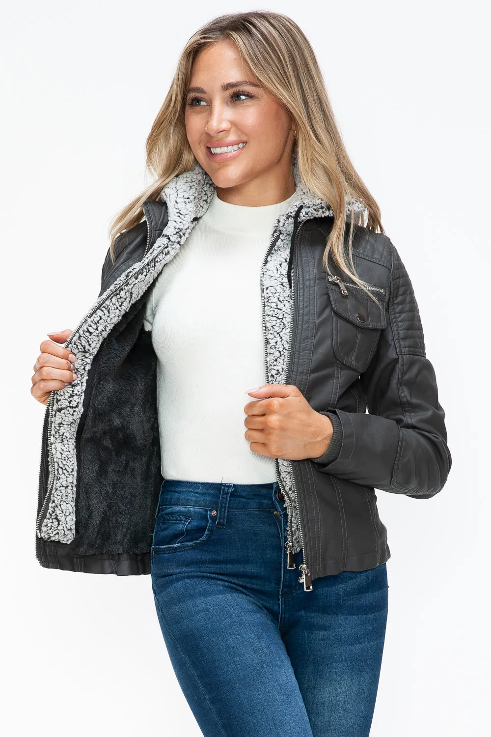 Removable Faux Layered Multi-Pocket Jacket with Fuzzy Hood