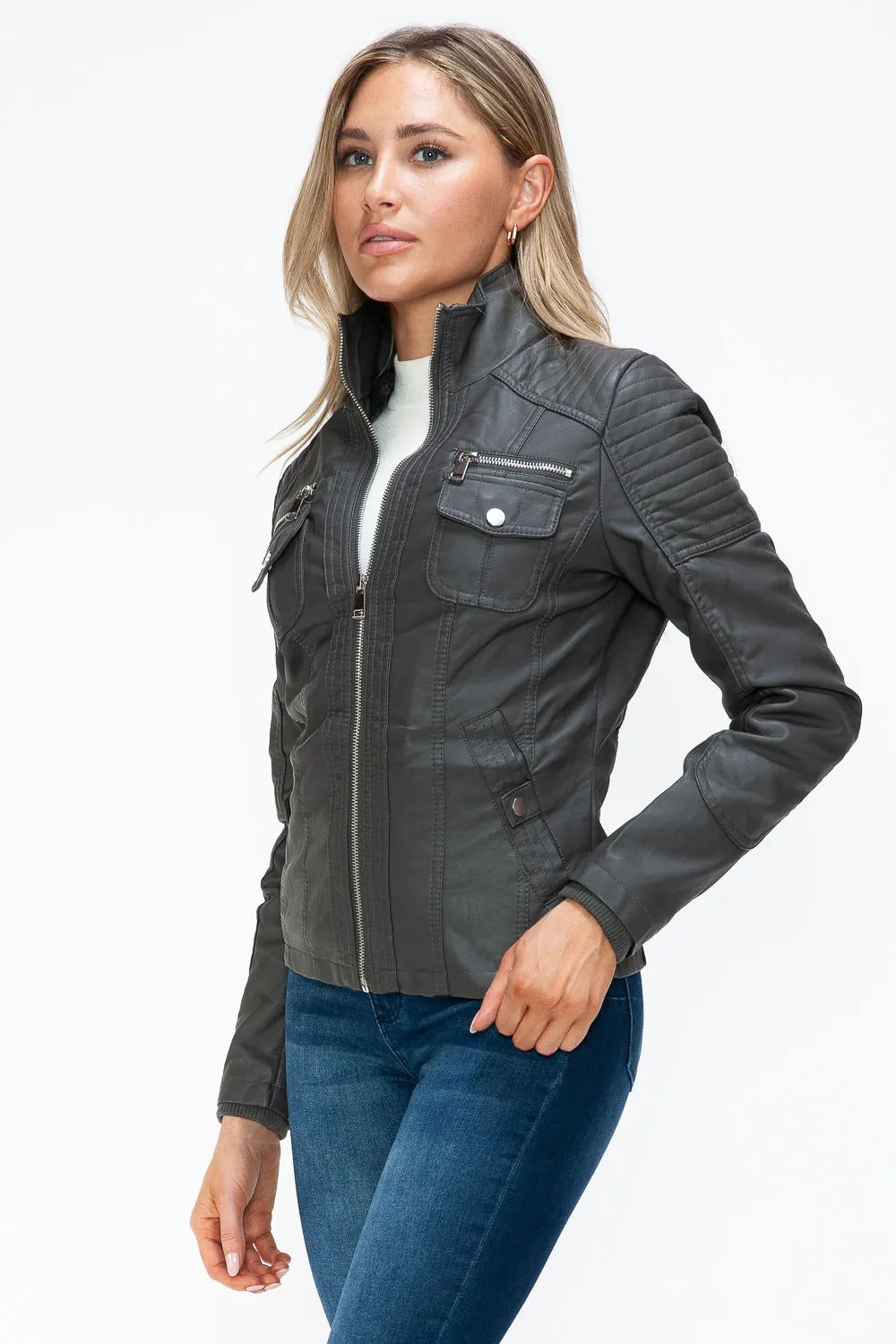 Removable Faux Layered Multi-Pocket Jacket with Fuzzy Hood