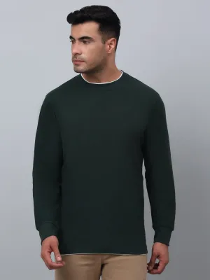 Self Design Bottle Green Full Sleeves Round Neck Regular Fit Casual T-shirt for Men