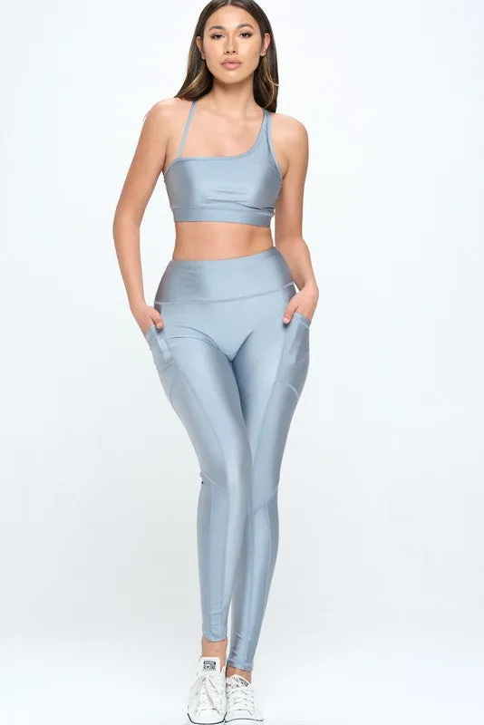 Silver 2 Piece High Waisted Leggings W/bra Crop Top Sets