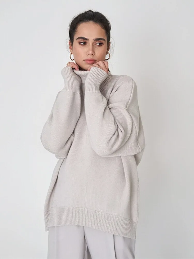 Solid Color High Neck Sweater Autumn Winter Loose Knit Pullover Women's Long Sleeve Top Versatile Classic Winter Clothes Women