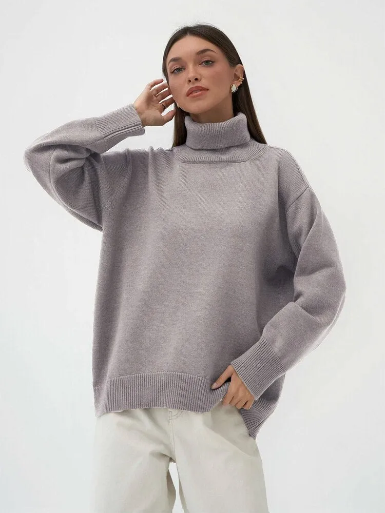 Solid Color High Neck Sweater Autumn Winter Loose Knit Pullover Women's Long Sleeve Top Versatile Classic Winter Clothes Women